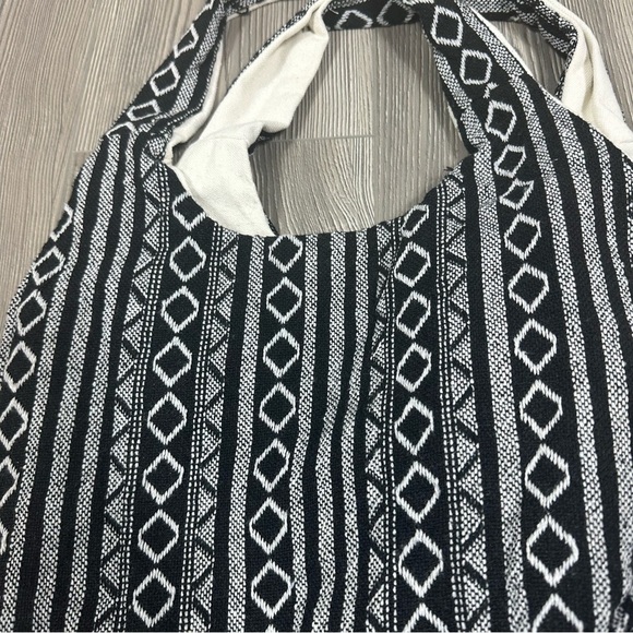Boho Canvas Shoulder Bag Black White Geometric Print Tote Slouchy Bag - Picture 2 of 7